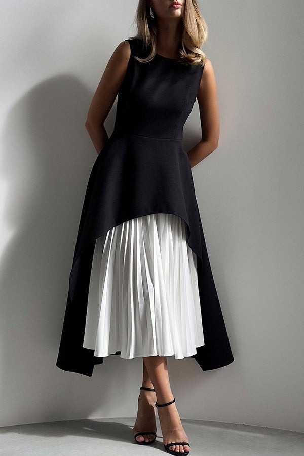 Calm and Elegant Pleated Patchwork Irregular Hem A-line Midi Dress