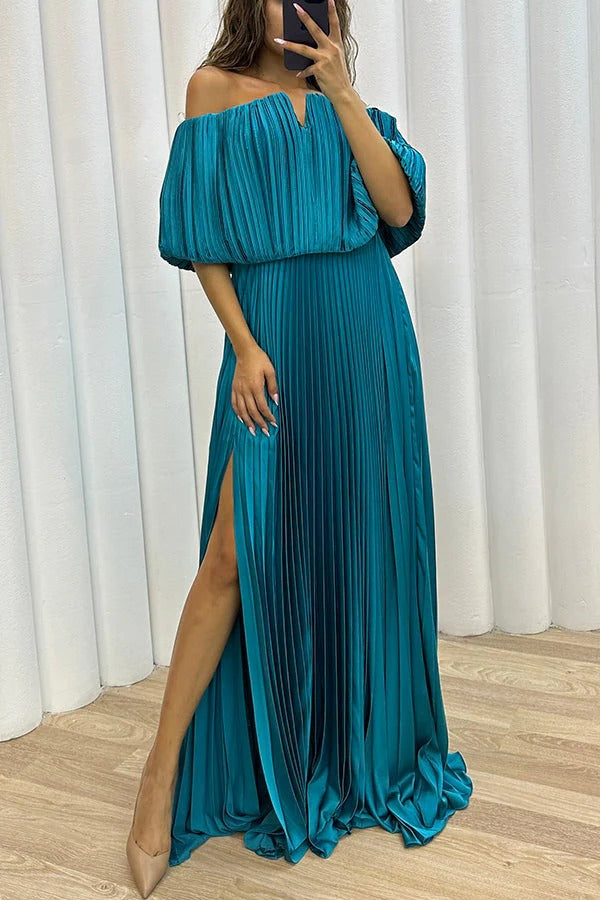 Shelley Pleated Off Shoulder Elastic Waist Slit Maxi Dress