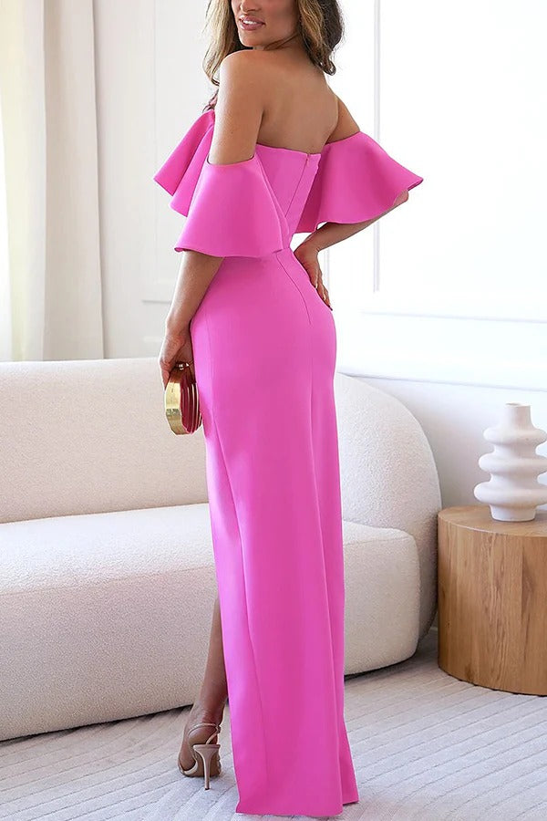 Guests To Impress Ruffle Off Shoulder Ruched Strapless Slit Maxi Dress