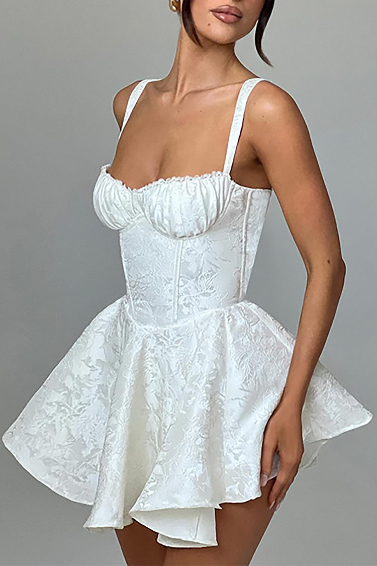 Lace Trim Cinch Waist Jacquard Slip Mini Dresses-White