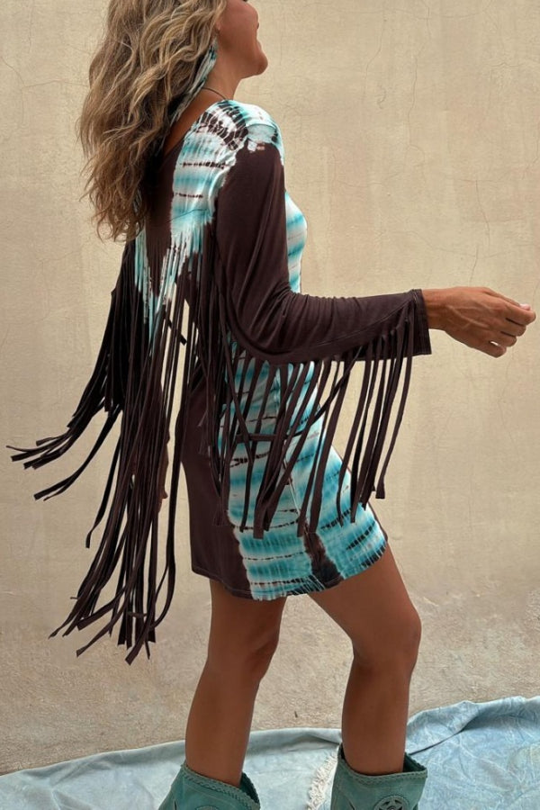 Koni Tie-dye Print Long Fringed Sleeve Crew Neck Stretch Mini Dress