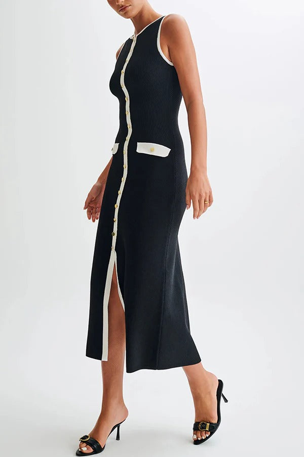 Elegant Slim Fit Crew Neck Buttoned Sleeveless Knit Midi Dress