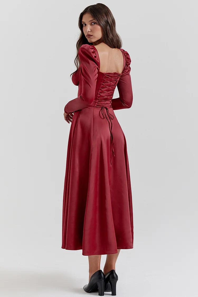 Lace Up Corset Puffy Long Sleeve Slit Satin Midi Dresses-Red