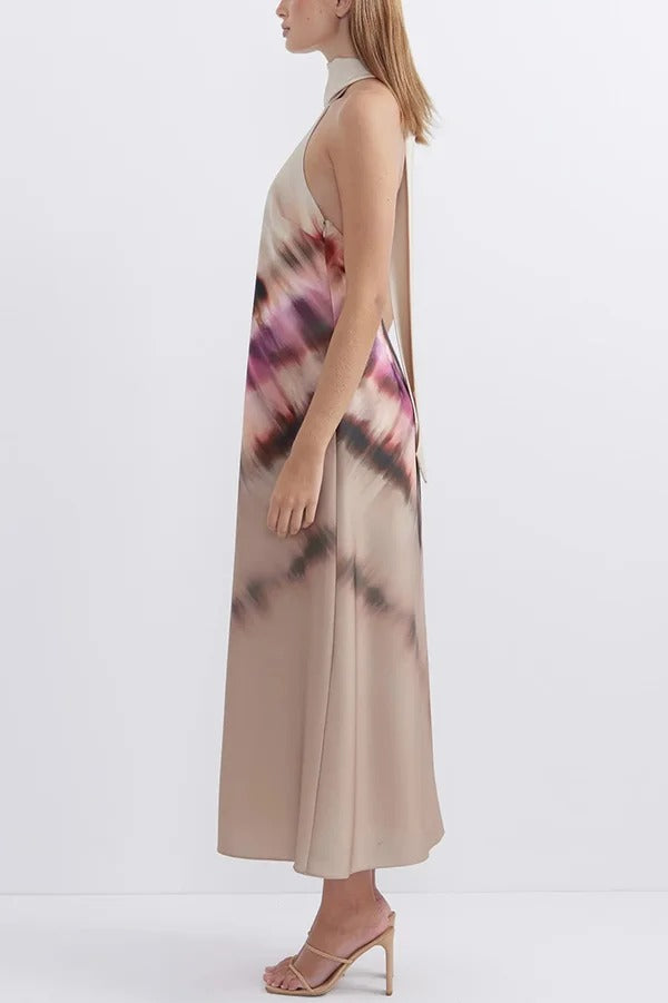 Unique Printed Halterneck Lace Up Backless Maxi Dress