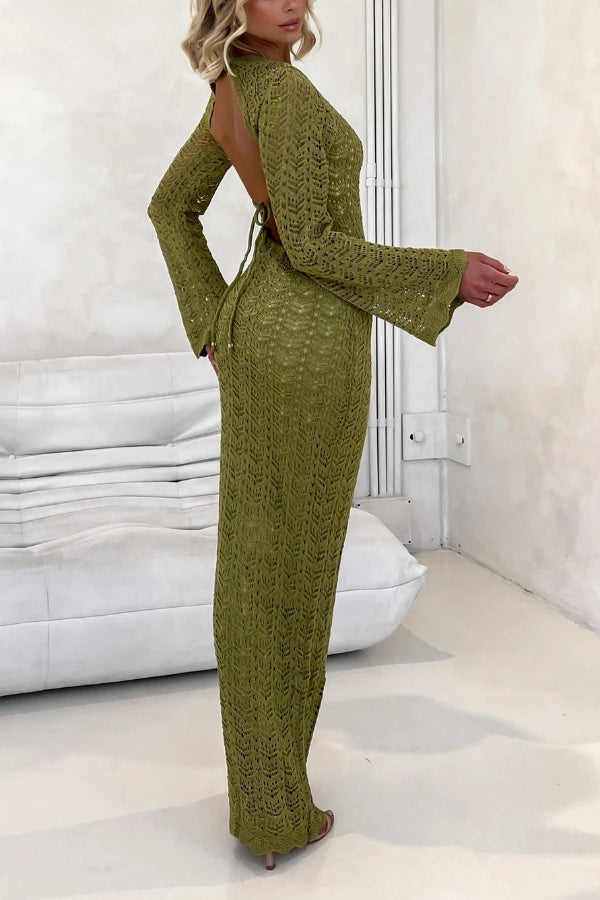 Avie Knit Textured Fabric Backless Tie-up Long Sleeve Stretch Maxi Dress