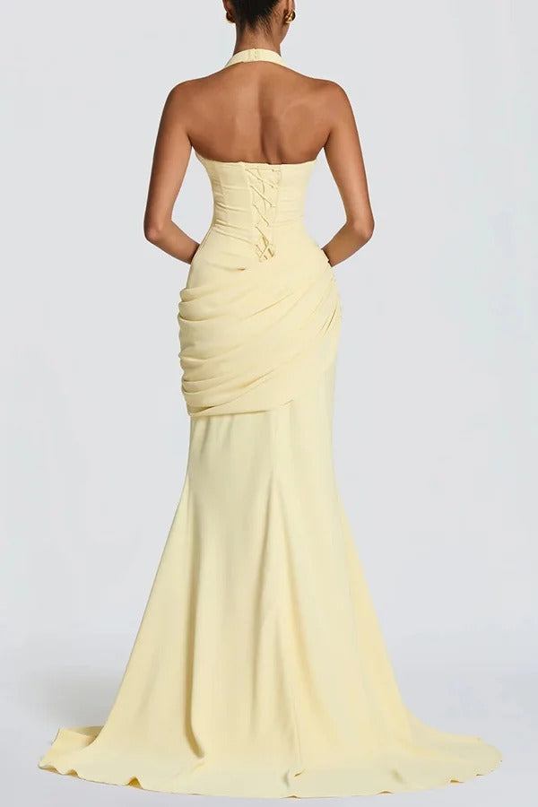 Nehemia Halter V-neck Back Lace-up Asymmetric Pleated Panel Drapes Maxi Dress