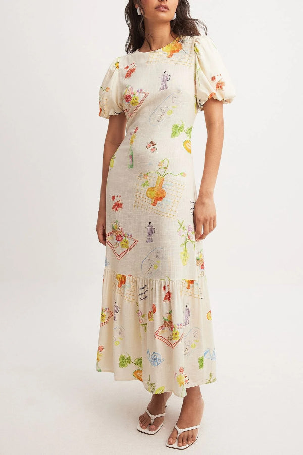 Napa Linen Blend Unique Print Puff Sleeve Elastic Waist Backless Midi Dress