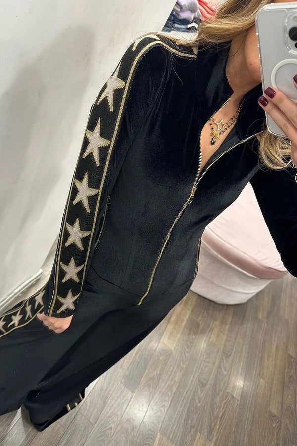 Star-print Velvet Patchwork Zipped Wide-leg Jumpsuit