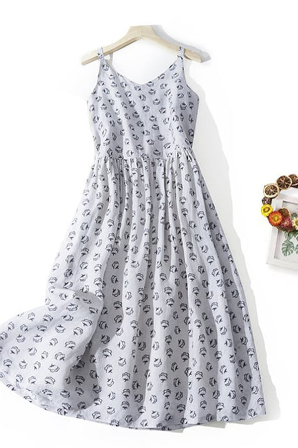 Cotton And Linen Commuting Artistic Printed Suspender Dress