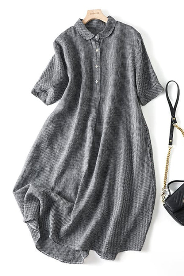 Artistic Retro Cotton Linen Check Dress