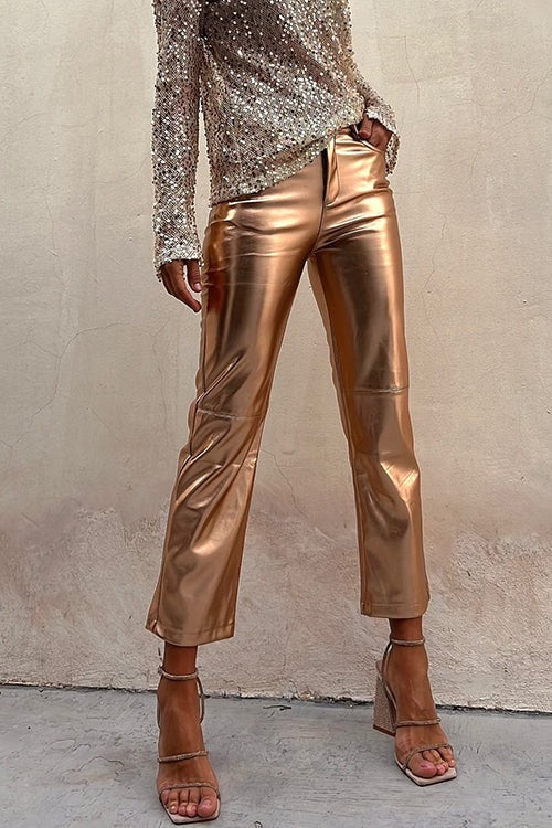 Sinclair Metallic Faux Leather High Rise Pocketed Straight Pants