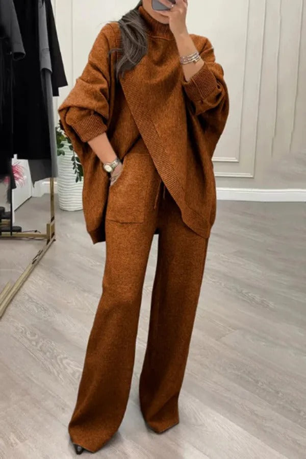 Solid Color Loose-fitting Turtleneck Knit Top and Elastic Waist Casual Pocket Straight Leg Pants