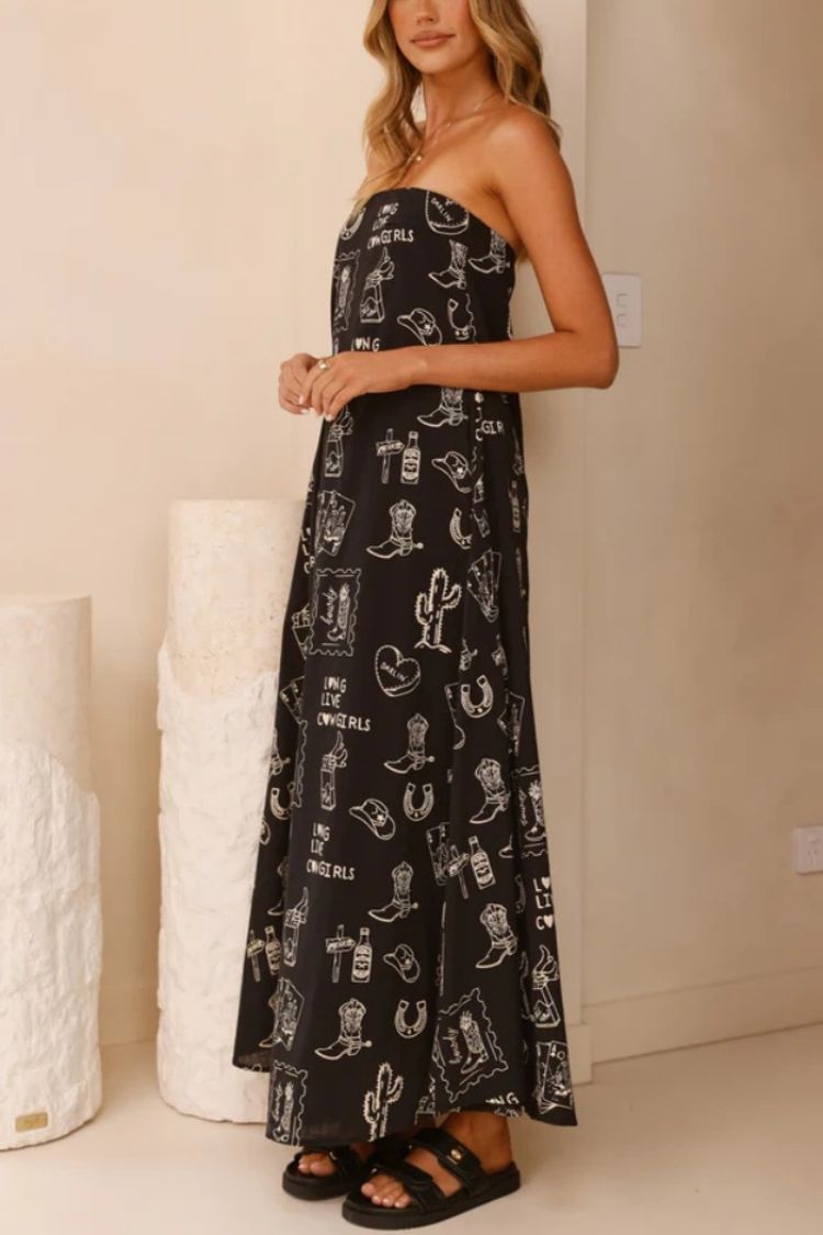 Digital Printed Tube Top A-Line Long Dress