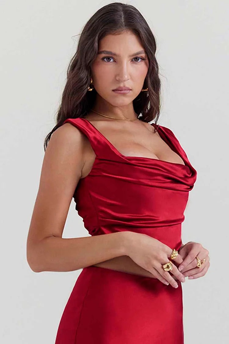 Square Neck Lace Up Sleeveless Top Bodycon Satin Maxi Skirt Formal Party Matching Set-Red