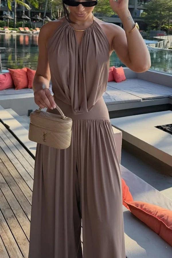 Lightweight Chic Metal Ring Drape Cowl Halter Neck Bodysuit and Elastic Waist Wide Leg Pants Set