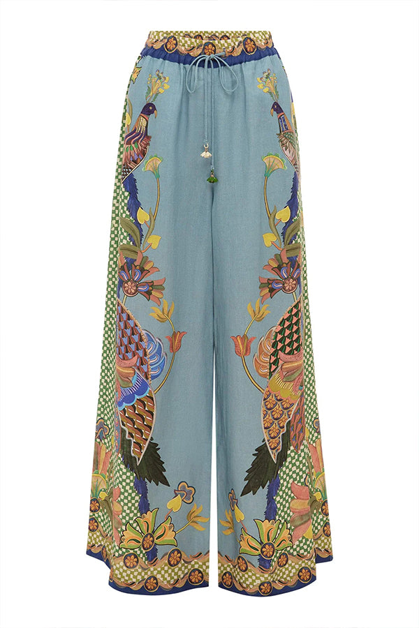 SMYRNA UNIQUE HEAVEN BIRD PRINT ELASTIC WAIST POCKETED WIDE LEG PANTS