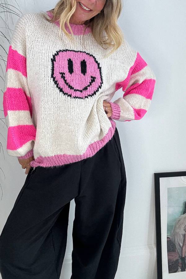 Positivity and Warmth Knit Happy Face Contrast Color Loose Sweater