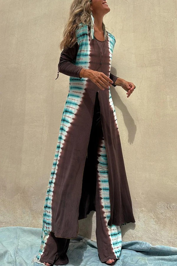 ROMA Tie-dye Print Front and Back Slit Detail Long Sleeve Stretch Midi Top