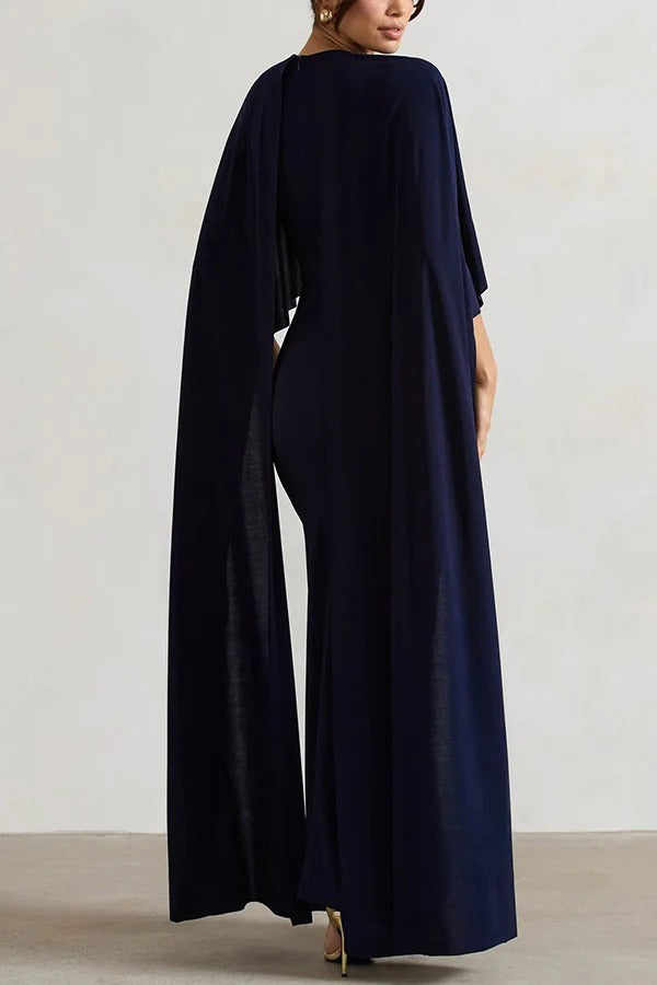 Charming Look Crew Neck Cape Sleeve Stretch Maxi Dress