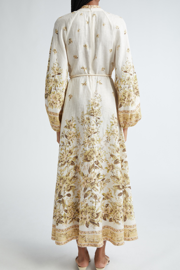 Golden Floral Long Sleeve Buttoned Linen Dress