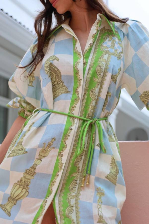 Unique Printed Long Sleeve Drawstring Pocket Shirt Midi Dress