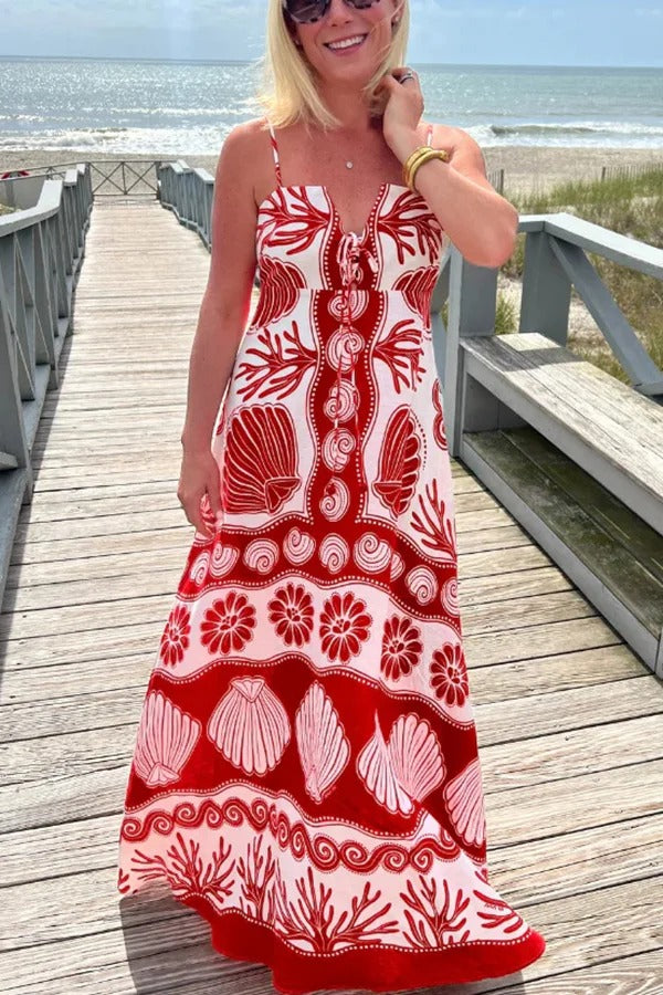 Beautiful Shell Unique Print Front Lace-Up Loose Maxi Dress