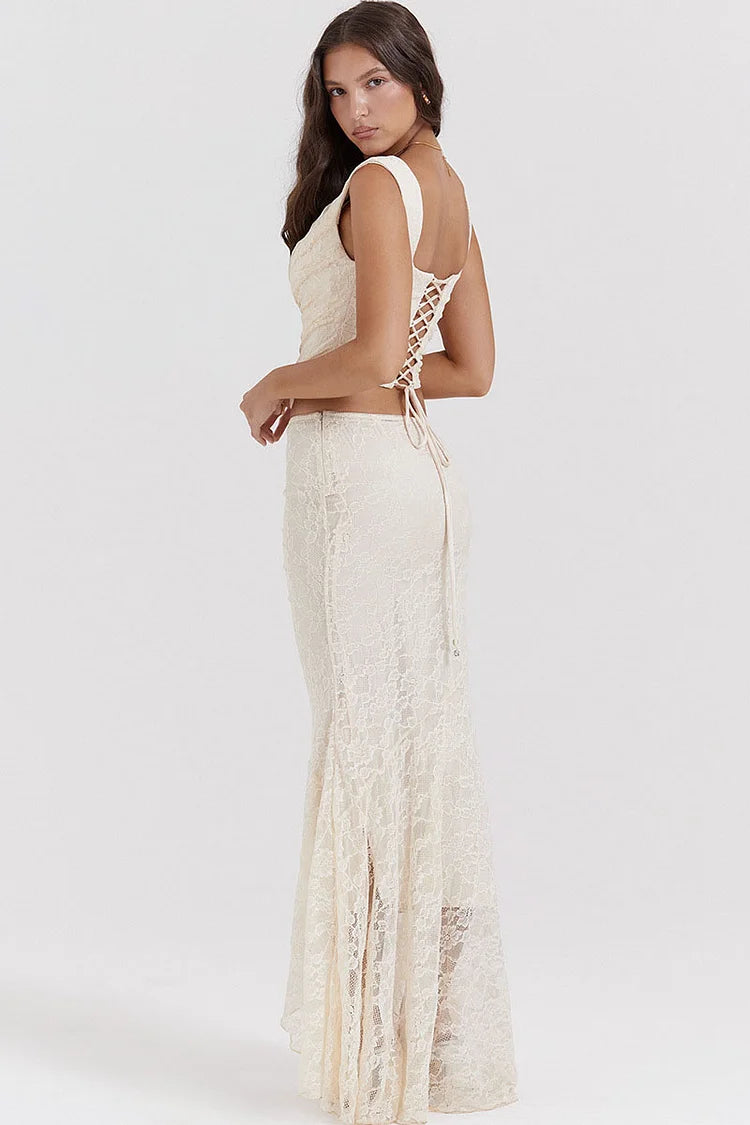 Ruched Crop Tank Top Lace Fishtail Hem Maxi Skirt Matching Set