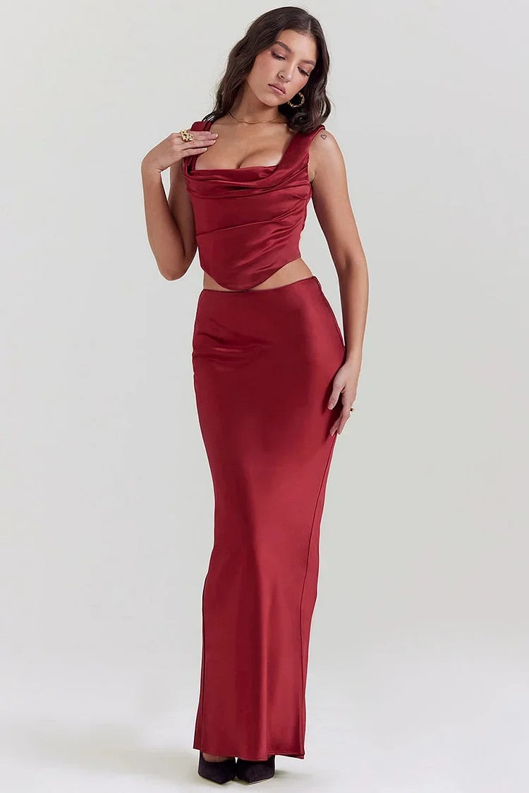 Square Neck Lace Up Sleeveless Top Bodycon Satin Maxi Skirt Formal Party Matching Set-Red