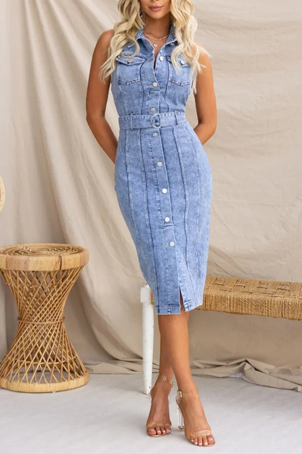 Lioness Nyc Denim Button Up Belted Back Zipper Halter Midi Dress