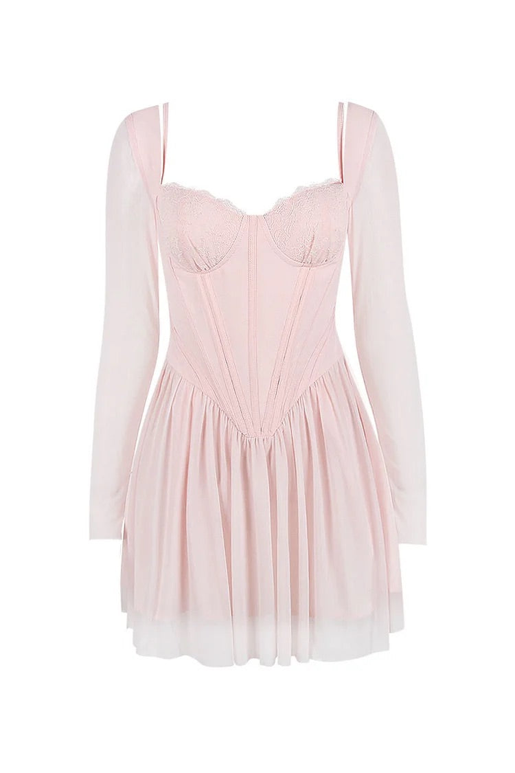 Mesh Long Sleeve Corset A-Line Pleated Ballet Style Mini Dresses