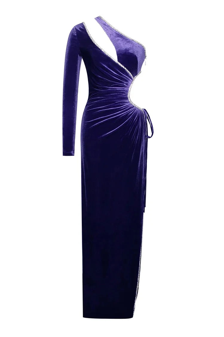 One Shoulder Rhinestone Tied Up Maxi Velvet Prom Dresses