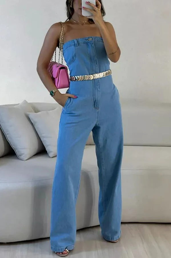 Isabela Denim Off Shoulder Front Zipper Pocketed Wide Leg Jumpsuit