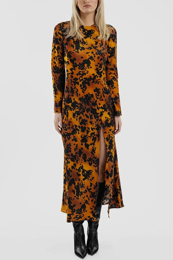 Decorate Autumn Satin Printed Long Sleeve Slit Loose Maxi Dress