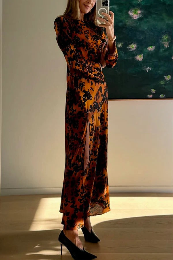 Decorate Autumn Satin Printed Long Sleeve Slit Loose Maxi Dress