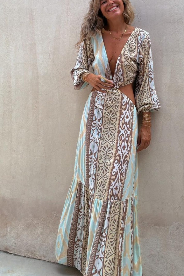 Sefora Unique Color Block Print Long Sleeve Ring Cutout Back Tie-Up Maxi Dress