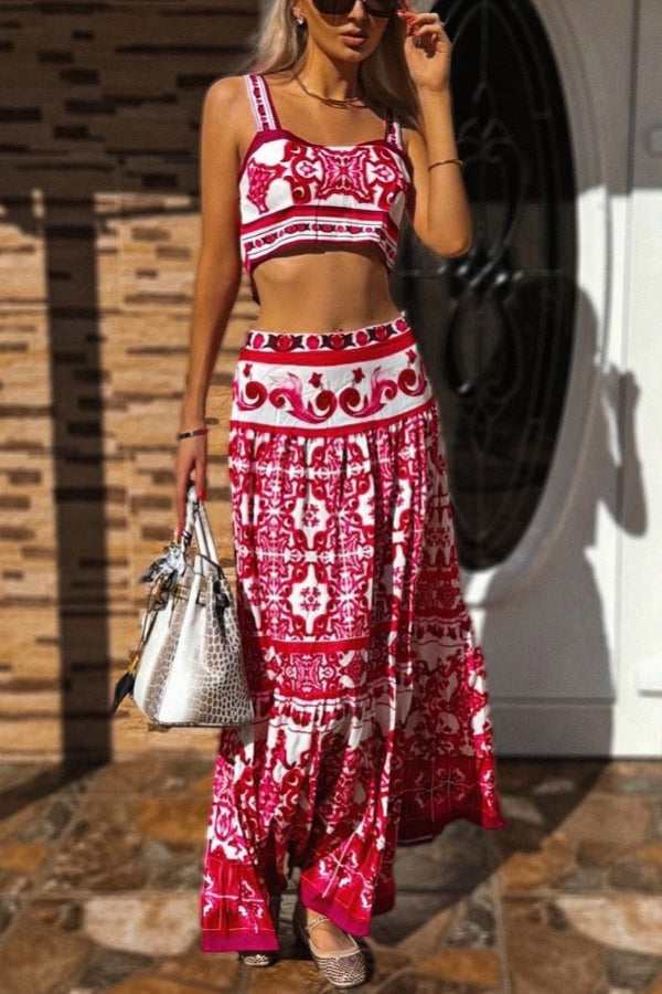 Unique Printed Sexy Sling Tank and Elastic Waist Large Hem Maxi Skirt Set