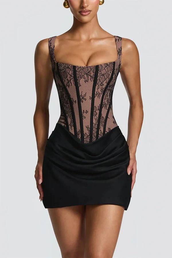 Cornelia Floral Lace Contrast Structural Detail Back Lace-up Satin Hem Mini Dress