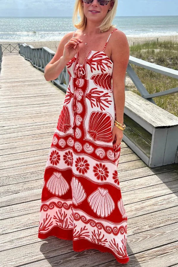 Beautiful Shell Unique Print Front Lace-Up Loose Maxi Dress