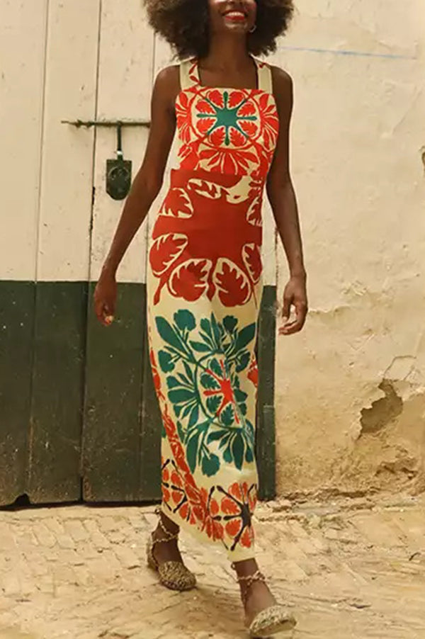 Jolie Unique Printed Square Neck Backless Slim High Waist Maxi Dress