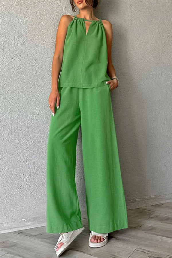 Cotton And Linen Cut-Out Lace-Up Vest & Wide-Leg Pants Two-Piece Set