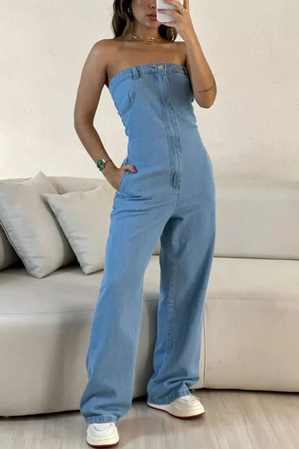 Isabela Denim Off Shoulder Front Zipper Pocketed Wide Leg Jumpsuit