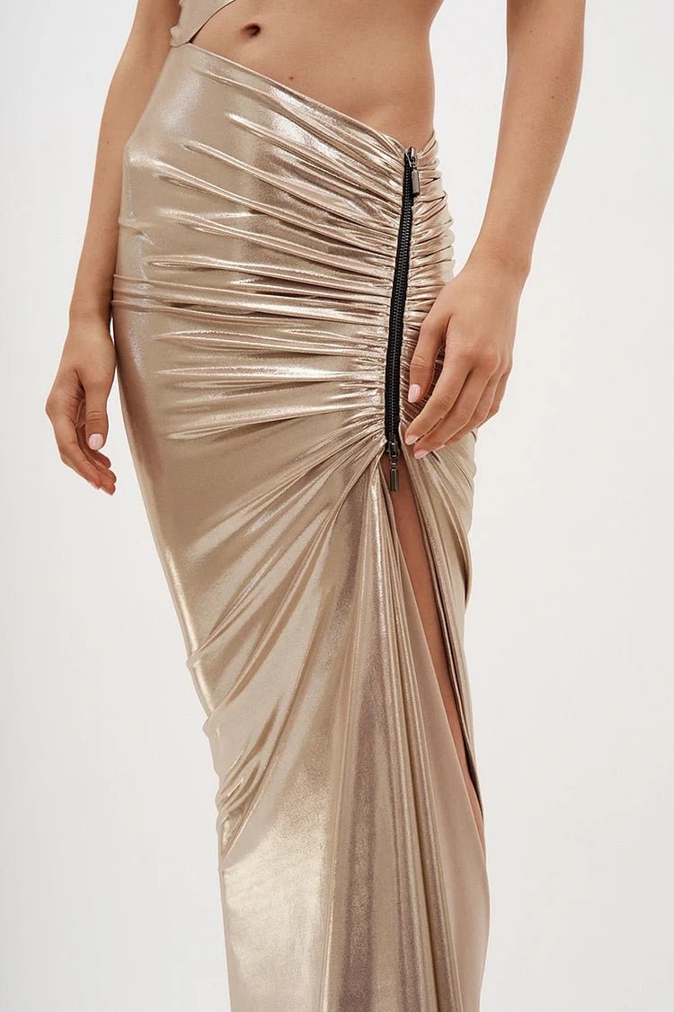 Metallic Sleeveless Cut Out Ruched Zipper Asymmetric Party Gown Maxi Dresses-Champagne