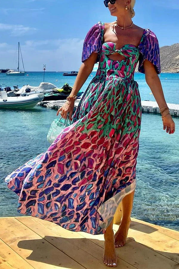 Mykonian Summer Unique Gradient Print Cutout Puff Sleeve Backless Slit Maxi Dress