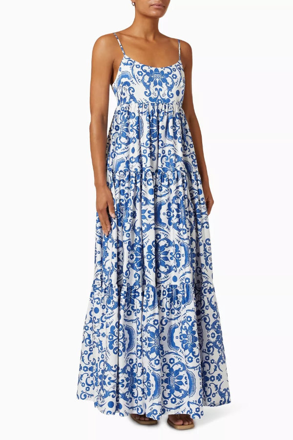 Botanical Floral Print Sexy Sling Backless Maxi Dress