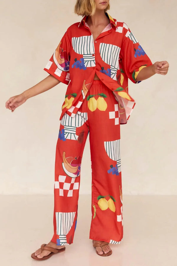 Unique Fruit Print Holiday Loose Shirt Wide Leg Pants Suit