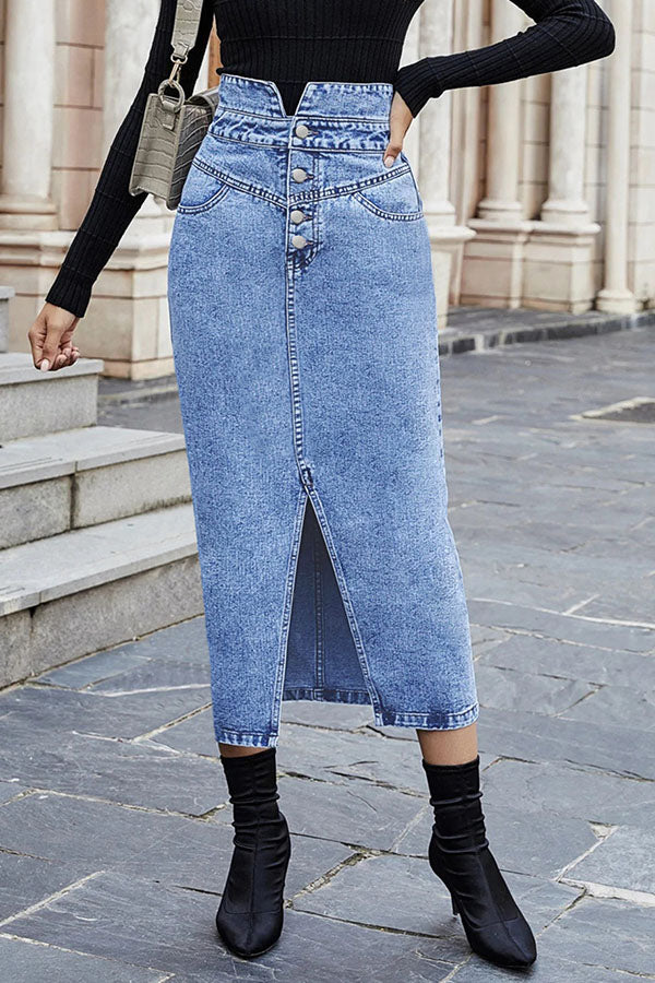 Solid Color High Waist Front Slit Side Pocket Denim Skirt