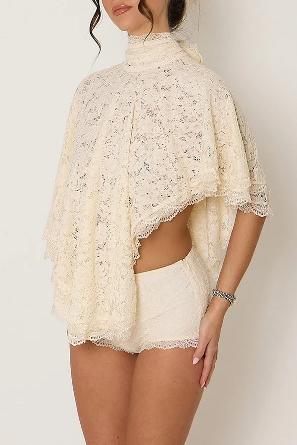 Carmen Lace Bow-tie Round Neckline Ruffle Cape Overlay Top