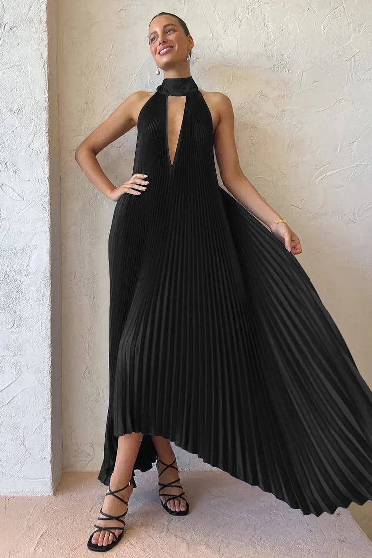 Halter Tied Up Cutout Neck Pleated Backless Asymmetric Hem Wedding Guest Maxi Dresses