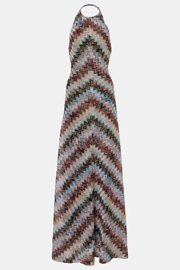Jodie Knit Colorful Herringbone Print Halter Open Back Maxi Dress