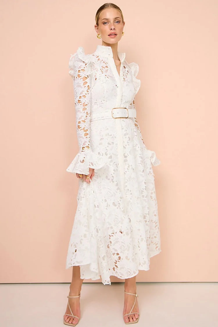 Lace Ruffled Trim Long Sleeve A-Line Midi Dresses-White